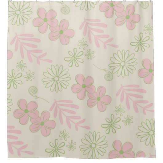 Green Pink Beige Retro Y2K 70er Blume Muster Duschvorhang (Vorderseite)
