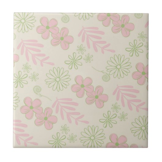 Green Pink Beige Retro Y2K 70er Blume Muster Fliese (Vorderseite)
