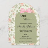 Green Pink Blume & Bow Girl Babydusche Einladung (Vorne/Hinten)