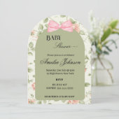 Green Pink Blume & Bow Girl Babydusche Einladung (Stehend Vorderseite)