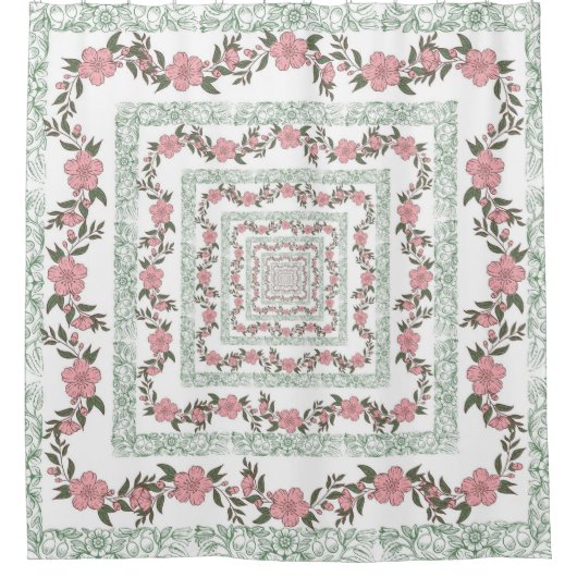 Green Pink Border Retro Y2K 70er Blume Muster Duschvorhang (Vorderseite)