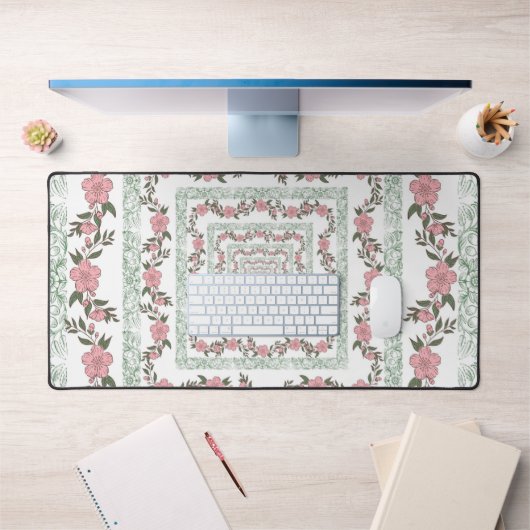 Green Pink Border Retro Y2K 70er Blume Muster Schreibtischunterlage (Büro 1)