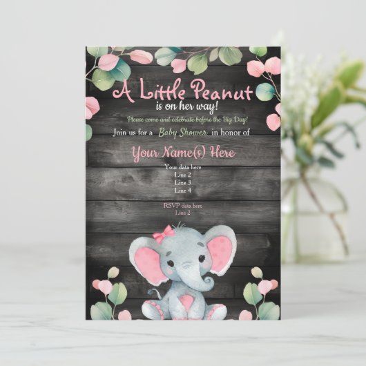 Green Pink Elephant Baby Dusche Einladung Rustikal (Stehend Vorderseite)