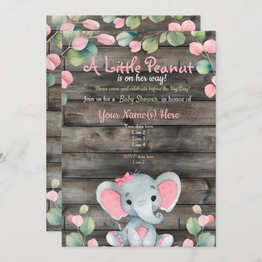 Green Pink Elephant Baby Shower Einladungskarte Einladung (Vorne/Hinten)