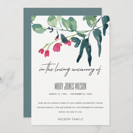 GREEN PINK EUCALYPTUS FOLIAGE BEILEID MEMORIAL DANKESKARTE (Vorne/Hinten)