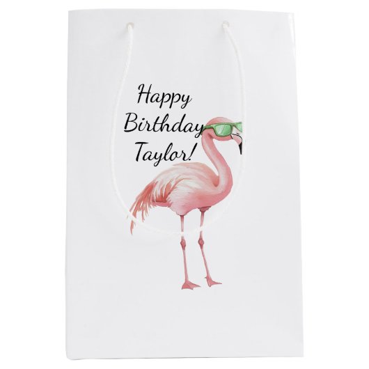 Green Pink Flamingo Birthday Mittlere Geschenktüte (Vorderseite)