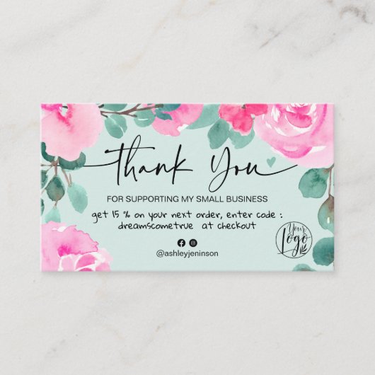 Green Pink floral Aquarell Danke Visitenkarte (Vorderseite)
