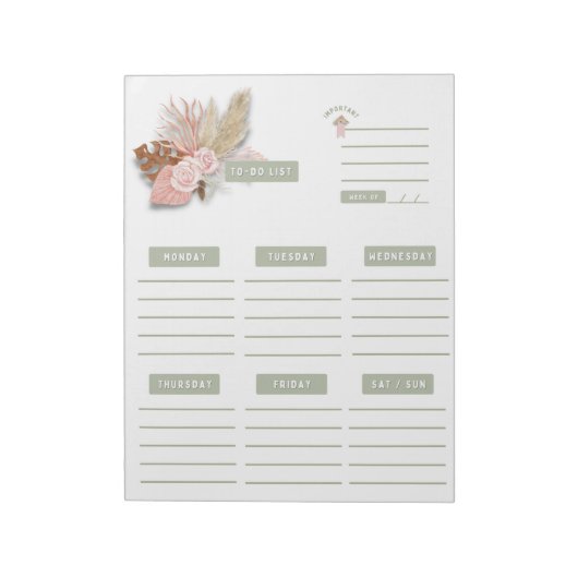 Green Pink Floral Boho Weekly Planer Calender Notizblock (Rotiert)
