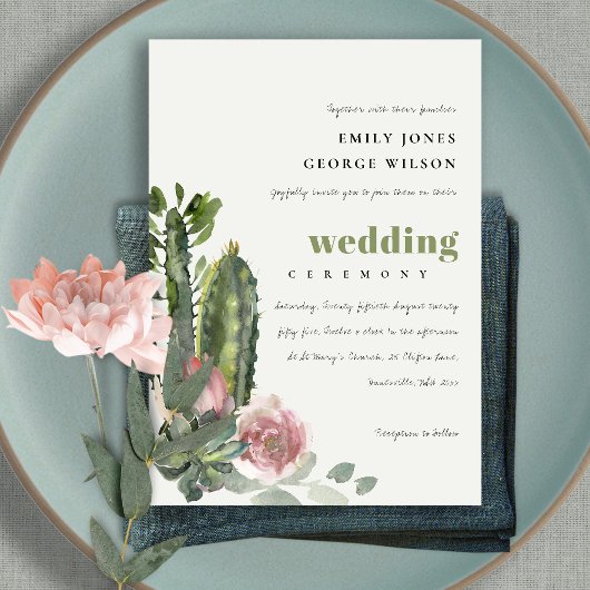 GREEN PINK FLORAL DESERT CACTI FOLIAGE WEDD EINLADUNG