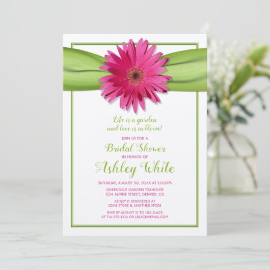 Green Pink Gerbera Daisy Bridal Dusche Einladung (Stehend Vorderseite)