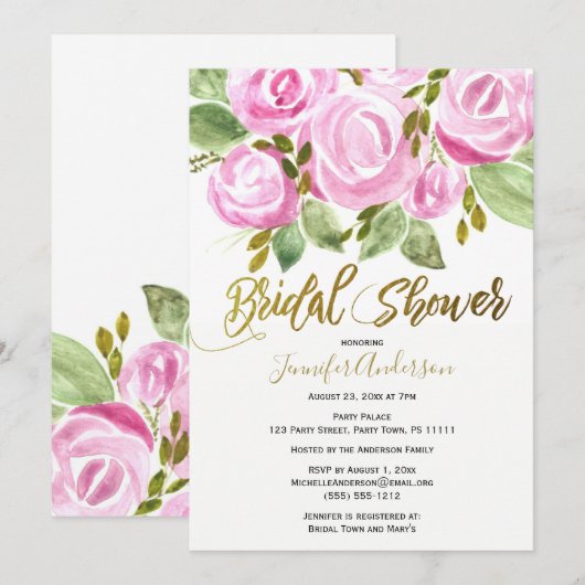 Green Pink Gold Rose Leaf Brautparty Einladung (Vorne/Hinten)