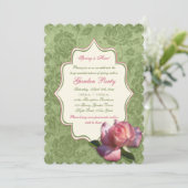 Green Pink Ivory Rose Damask Garden Party Einladun Einladung (Stehend Vorderseite)