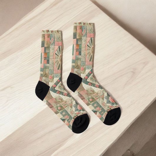 Green & Pink Patchwork Quilt Rustic Quilt Boho Socken