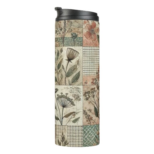 Green Pink Patchwork Quilt Rustic Retro Boho Thermosbecher (Nach rechts gedreht)