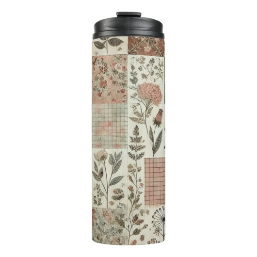 Green Pink Patchwork Quilt Rustic Retro Boho Thermosbecher (Vorderseite)