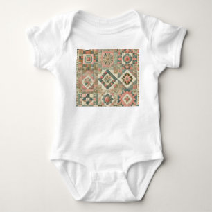 Green Pink Patchwork Quilt Rustic Vintag Boho Baby Strampler
