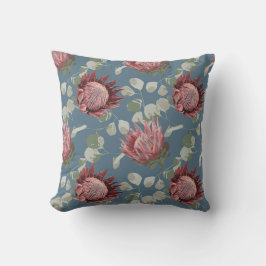 Green & Pink Protea auf Gray Blue Accent Kissen