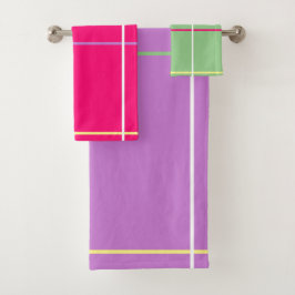 Green Pink Purple Yellow Stripes   Badhandtuch Set