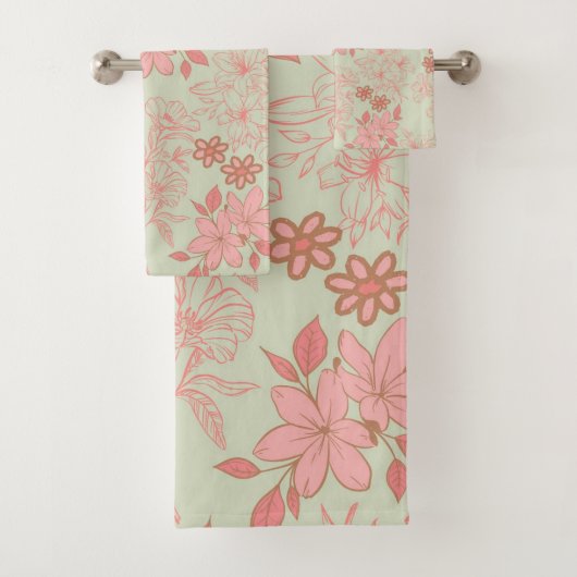 Green Pink Retro Y2K 70er Blume Muster Badhandtuch Set (Insitu)