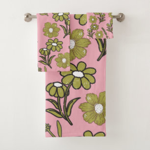 Green Pink Retro Y2K Funky Hippie Blume Muster Badhandtuch Set