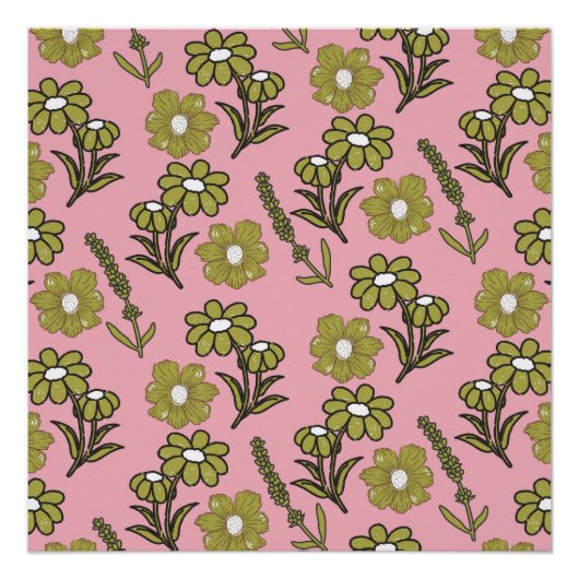 Green Pink Retro Y2K Funky Hippie Blume Muster Poster (Vorderseite)