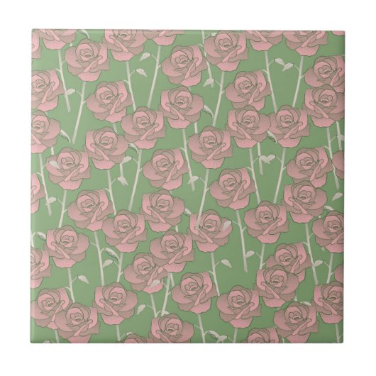 Green Pink Rose Retro Y2K 70er Blume Muster Fliese (Vorderseite)