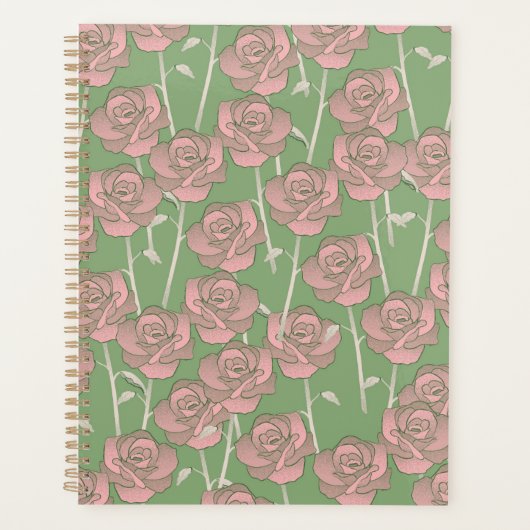 Green Pink Rose Retro Y2K 70er Blume Muster Planer (Vorderseite)