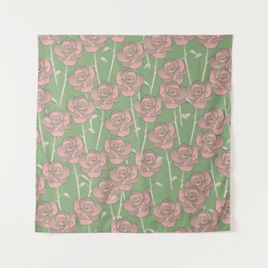 Green Pink Rose Retro Y2K 70er Blume Muster Wandteppich (Vorderseite)