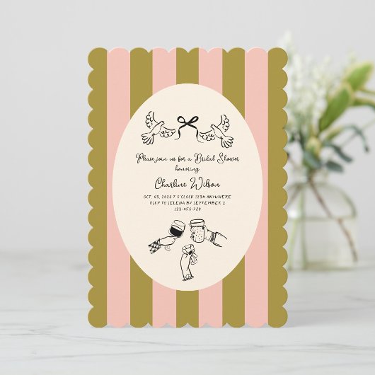 Green Pink Striped Cute illustrated Bridal Shower Einladung