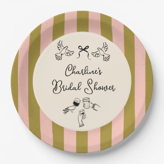 Green Pink Striped Cute illustrated Bridal Shower Pappteller (Vorderseite)