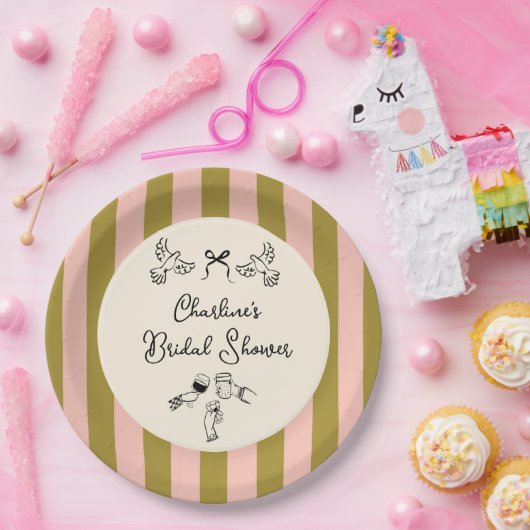 Green Pink Striped Cute illustrated Bridal Shower Pappteller (Party)