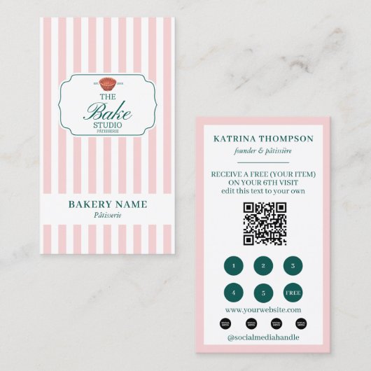 Green Pink Stripes Bakery Logo Loyalty Punch Visitenkarte (Vorne/Hinten)