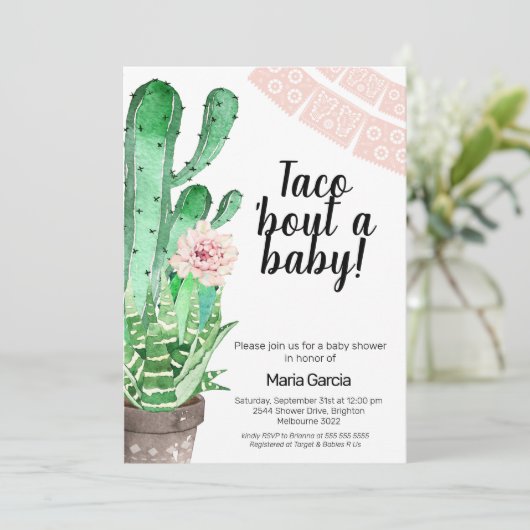 Green Pink Taco Bout Eine Baby Dusche Einladung (Stehend Vorderseite)