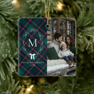 Green & Pink Tartan   Coquette Bow Monogram Keramikornament