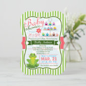 Green, Pink und White Frog Theme Kinderdusche Einladung (Stehend Vorderseite)