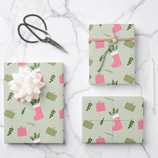 Green Pink Weihnachtsgeschenk Strumpf Pattern Geschenkpapier Set (Vorderseite)