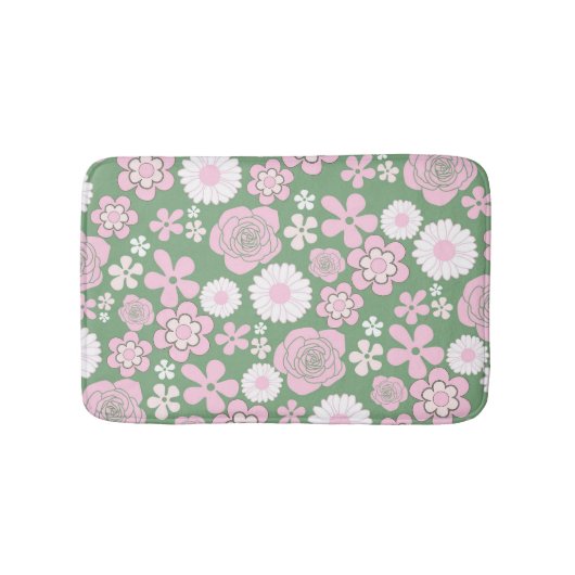 Green Pink White Retro Y2K 70er Blume Muster Badematte (Vorderseite)
