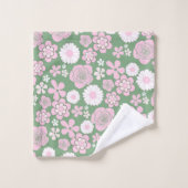 Green Pink White Retro Y2K 70er Blume Muster Badhandtuch Set (Waschlappen)