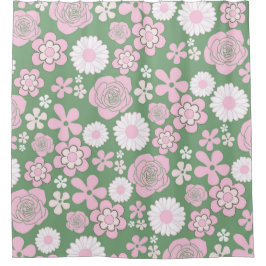 Green Pink White Retro Y2K 70er Blume Muster Duschvorhang