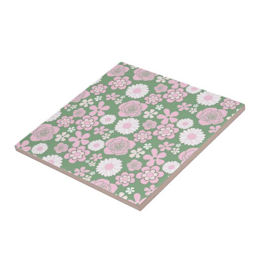 Green Pink White Retro Y2K 70er Blume Muster Fliese (Seite)