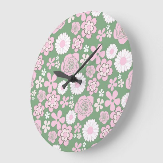 Green Pink White Retro Y2K 70er Blume Muster Große Wanduhr (Winkel)