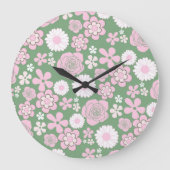 Green Pink White Retro Y2K 70er Blume Muster Große Wanduhr (Vorderseite)