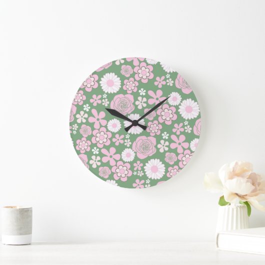 Green Pink White Retro Y2K 70er Blume Muster Große Wanduhr (Zuhause)