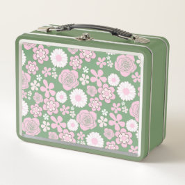 Green Pink White Retro Y2K 70er Blume Muster Metall Brotdose