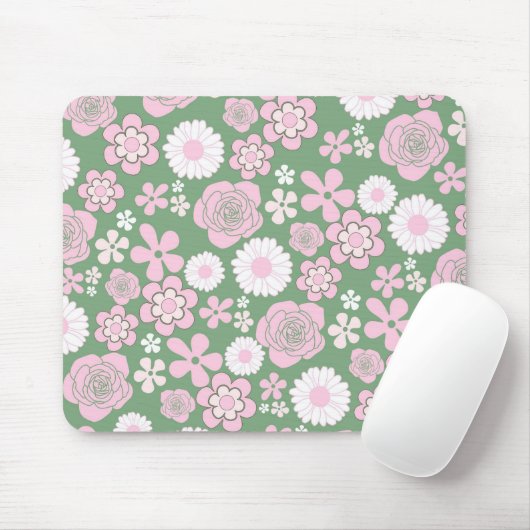 Green Pink White Retro Y2K 70er Blume Muster Mousepad (Mit Mouse)