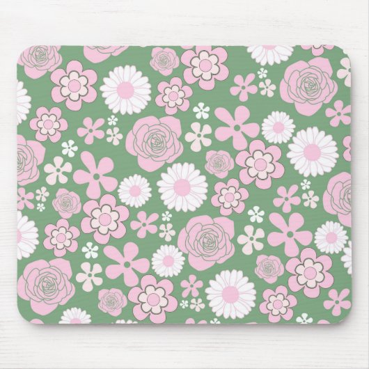 Green Pink White Retro Y2K 70er Blume Muster Mousepad (Vorne)