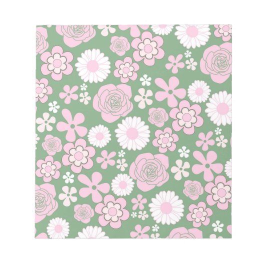 Green Pink White Retro Y2K 70er Blume Muster Notizblock (Vorderseite)