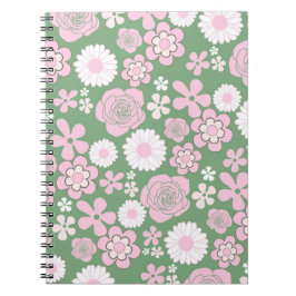 Green Pink White Retro Y2K 70er Blume Muster Notizblock