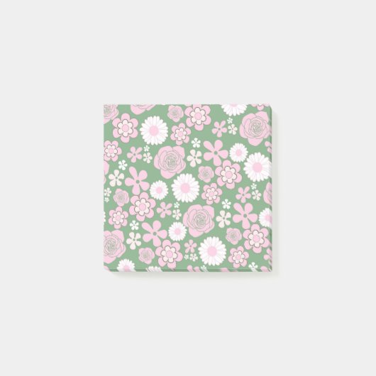 Green Pink White Retro Y2K 70er Blume Muster Post-it Klebezettel (Vorderseite)