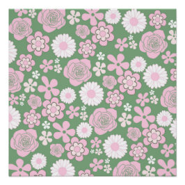 Green Pink White Retro Y2K 70er Blume Muster Poster